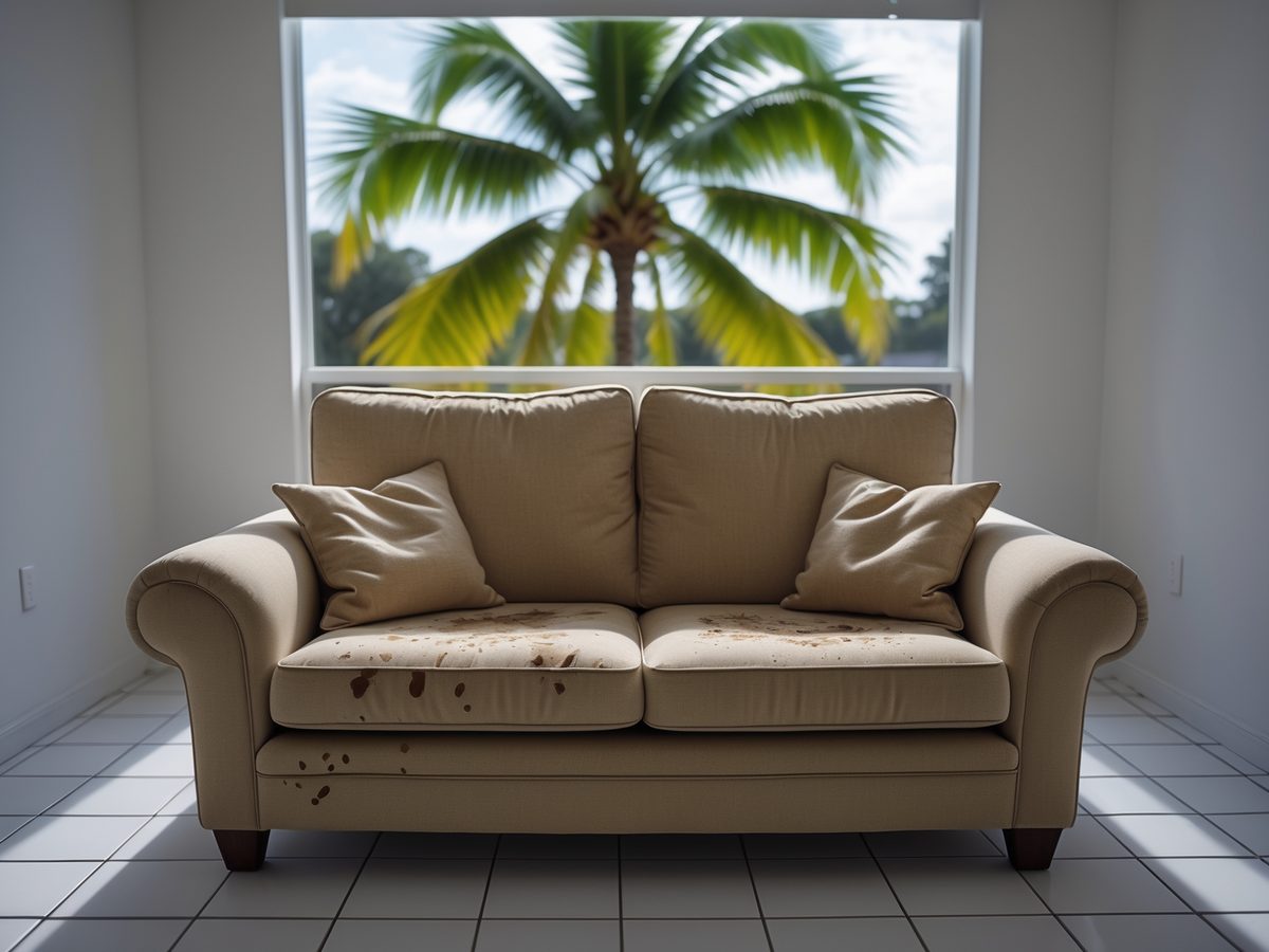 Stained loveseat in a Hollywood FL home before upholstery cleaning